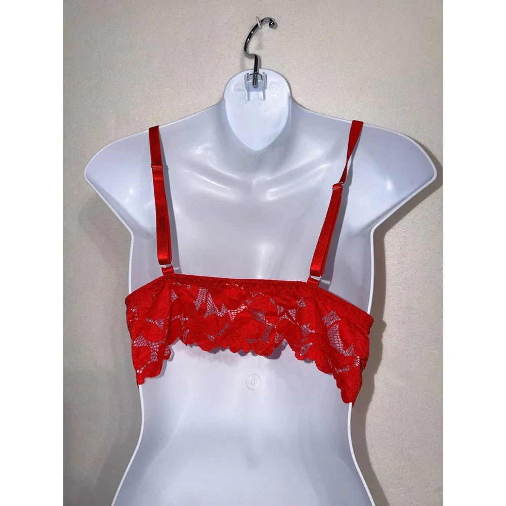 Red Floral Lace Longline Bralette Strappy Cage Bow Accent Top Size 0xl
